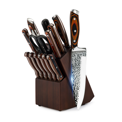15pc Kitchen Knife Block Set Embossed Blade - Brown