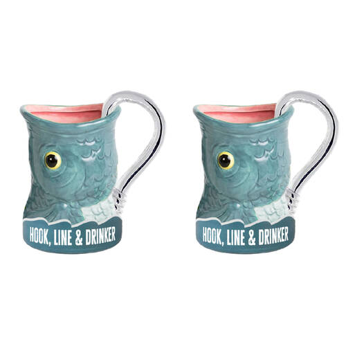 2PK Boxer Gifts "Hook, Line and Drinker' Fish Novelty Coffee Mug 18oz