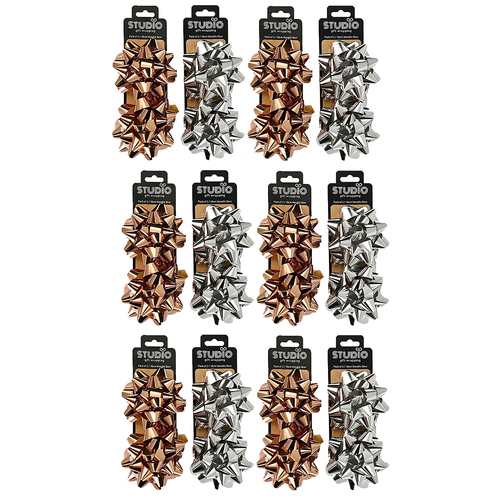 12x 2pc Studio Gift Wrapping 10cm Metallic Bow Assorted Colours