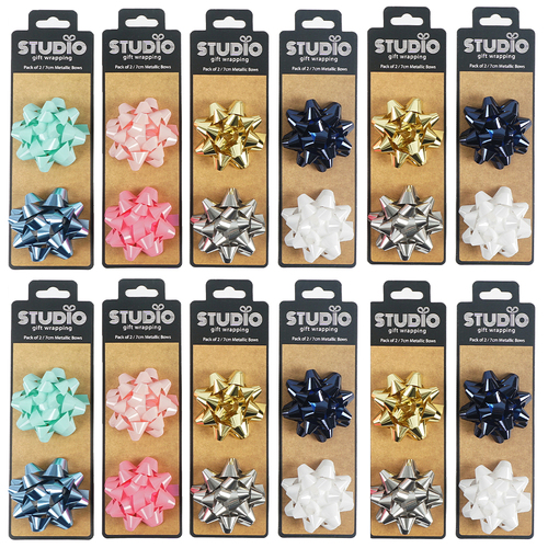 12x 2pc Studio Gift Wrapping 7cm Metallic Gift Bows Home Party Decor Asstd