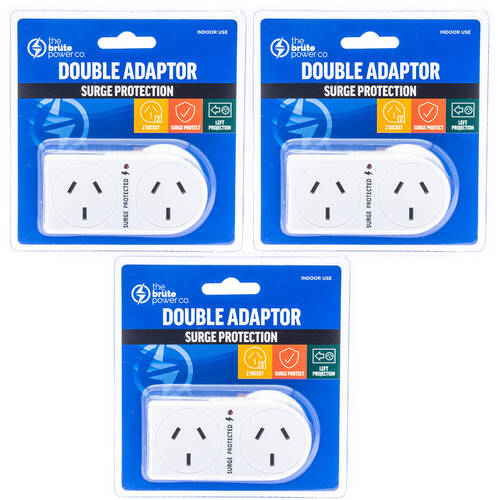 3PK The Brute Power Co Flat Left Surge Protection Double Adapter - White