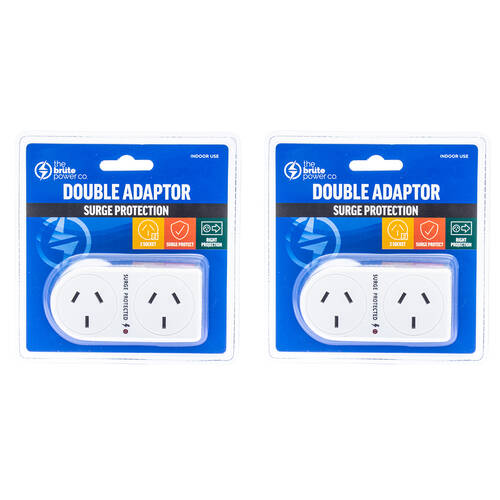 2PK The Brute Power Co Flat Right Surge Protection Double Adapter - White