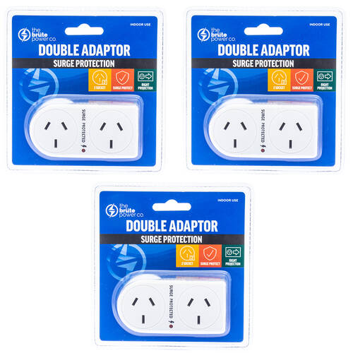 3PK The Brute Power Co Flat Right Surge Protection Double Adapter - White