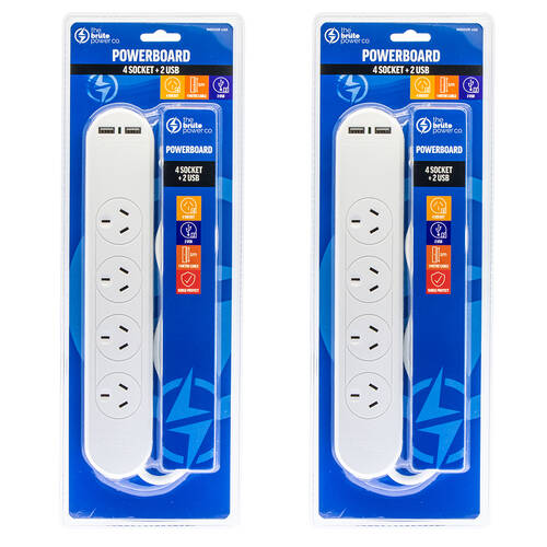 2PK The Brute Power Co 4 Socket & 2 USB Ports Power Board - White