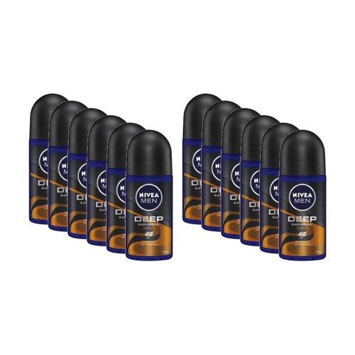 12PK Nivea Men's Antiperspirant Roll On Deodorant Deep Black Charcoal Espresso 50ml