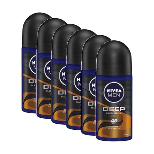 6PK Nivea Men's Antiperspirant Roll On Deodorant Deep Black Charcoal Espresso 50ml