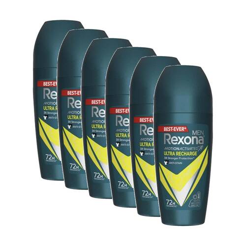 6PK Rexona Men's Antiperspirant Roll On Deodorant Recharge 72Hr Freshness 45ml