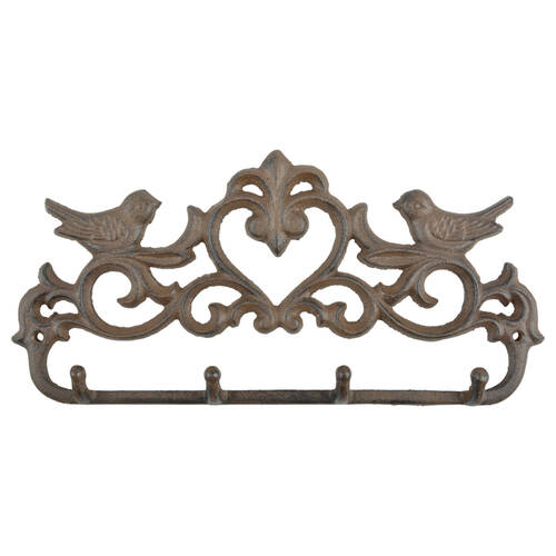 Esschert Design Cast Iron Bird & Heart Wall Hook Indoor/Outdoor Decor Brown