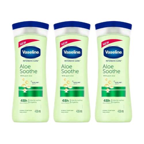 3PK Vaseline Moisturising Lotion Skin Care Aloe Vera 48Hr Moisturisation 400ml