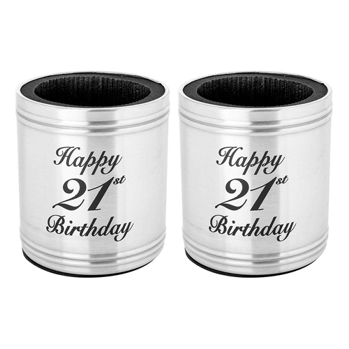 2PK Stubby Holder Happy 21st Birthday Stainless Steel