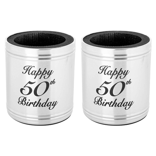 2PK Stubby Holder Happy 50th Birthday Stainless Steel