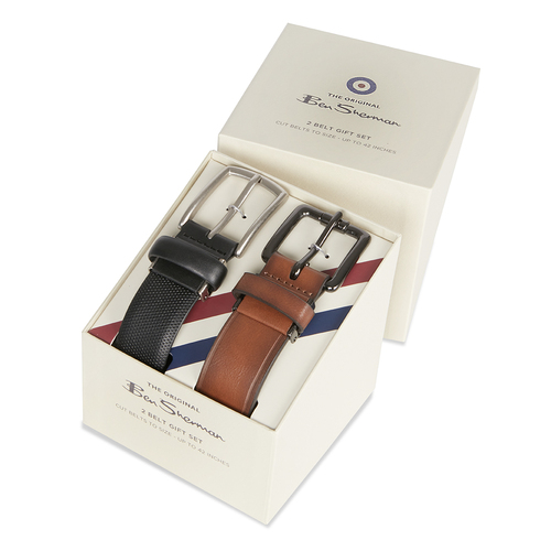 2pc Ben Sherman Men's Leather Pin Buckle Belt Gift Set - Tan/Black