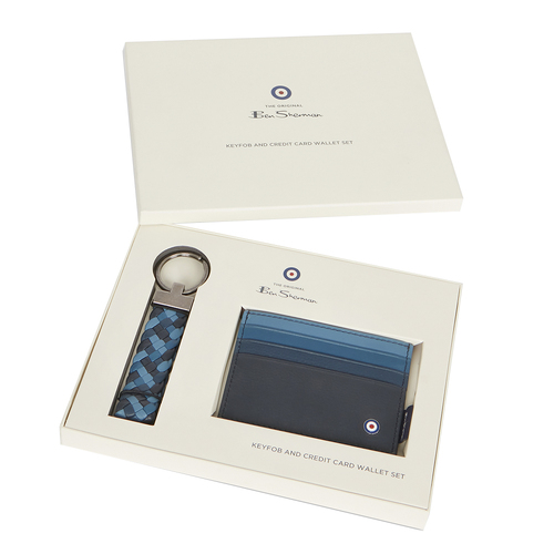 Ben Sherman 10cm Men's Leather Credit Card Wallet & Keyring - Blue