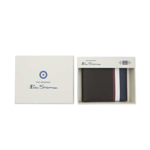 Ben Sherman Men's Leather Slim Bifold Wallet Printed Stripes - Brown