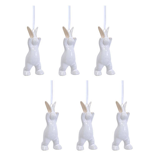 6PK LVD Hanging Bunny Ceramic Ornament Home Decor White 10.5cm