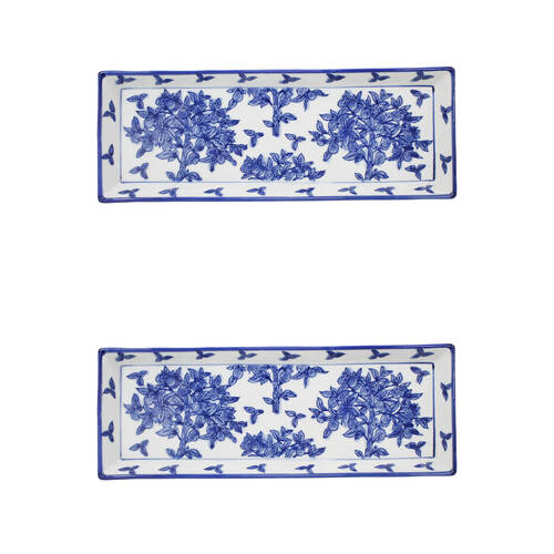 2PK LVD Porcelain Partere Rectangular Plate Trinket Tray 33.5x12cm Blue/White
