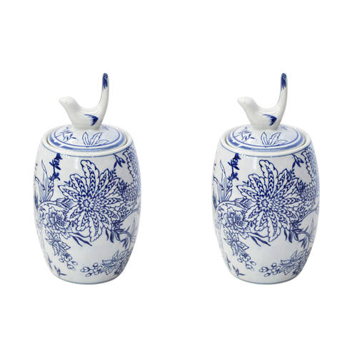 2PK LVD Porcelain Boho Bird Large Decorative Storage Jar 11x23cm Blue/White