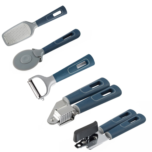 5PK Salter Indigo Peeler/Garlic Press/Can Opener/Cutter/Zester Combo Set

