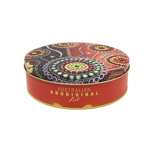 Banksia Red Decorative Tin Aboriginal Unity Art w/Handmade Caramel Fudge 200g