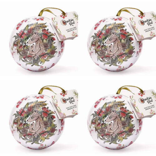 4PK Banksia Red Kangaroo/Koala Christmas Bauble Tins w/Fruit Rock Candy 70g Assorted