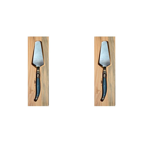 2PK Laguiole Elite Cake Server Stainless Steel w/Pine Wood Tray Dark Blue Handle