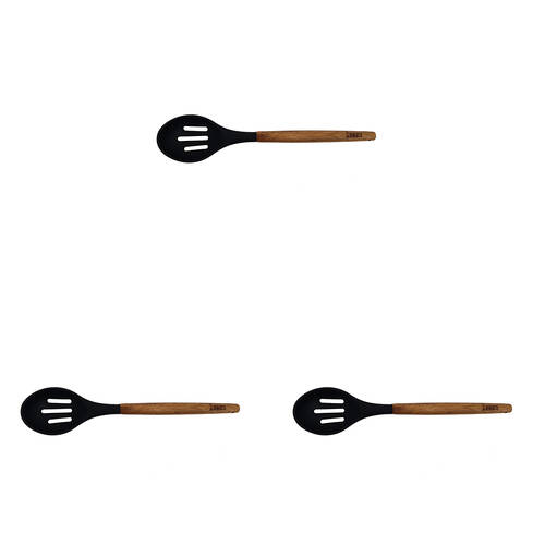 3PK St. Clare Black Silicone Slotted Spoon w/Acacia Handle Kitchen Utensil 35cm