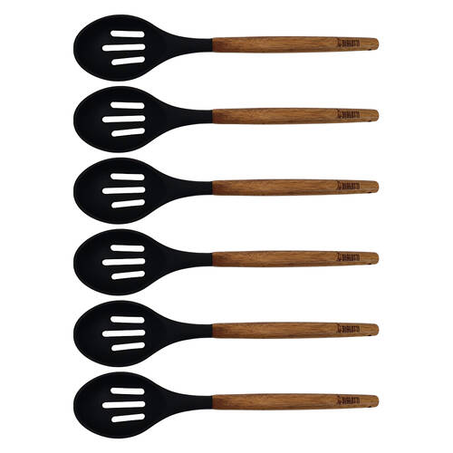 6PK St. Clare Black Silicone Slotted Spoon w/Acacia Handle Kitchen Utensil 35cm