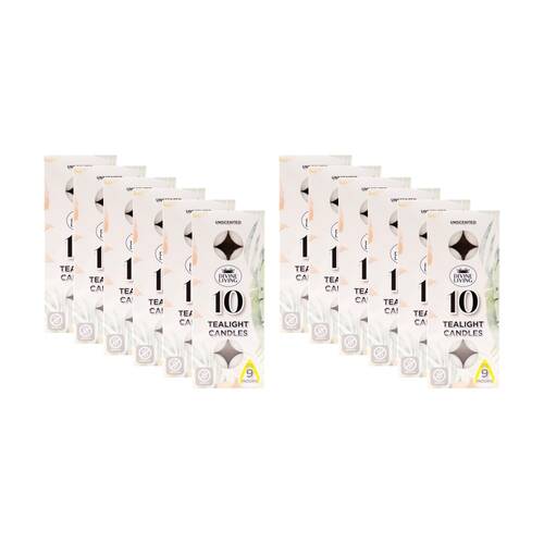 12x 10pc Divine Living Unscented Tealights Candles 9 Hours Burn Time 18.8x7.5cm