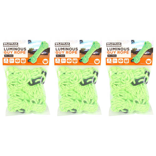 3x 4pc Wildtrak Glow In The Dark Camping Tent Guy Ropes Cordage Tracer 3m