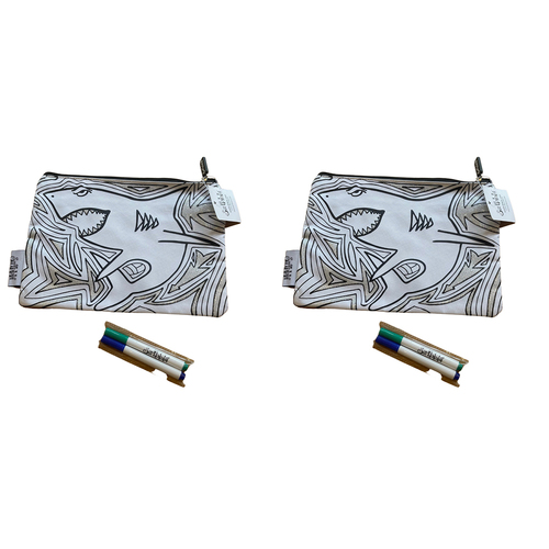 2x Scribbla Kids/Children School Pencil Case/Storage & 2 Fabric Pen Set Shark