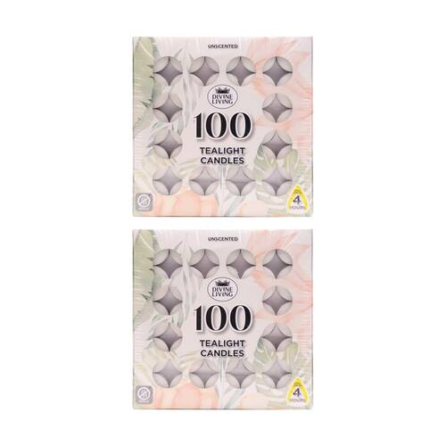 2x 100pc Divine Living Unscented Tealights Candles 4 Hours Burn Time 18.8x18.8cm