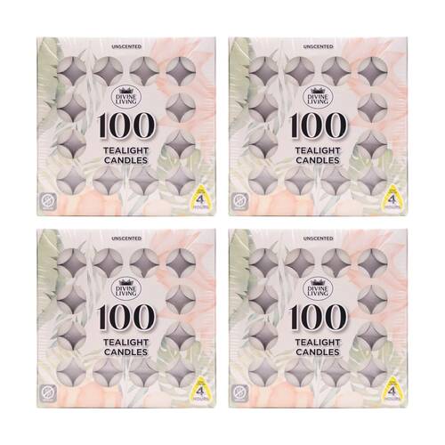 4x 100pc Divine Living Unscented Tealights Candles 4 Hours Burn Time 18.8x18.8cm