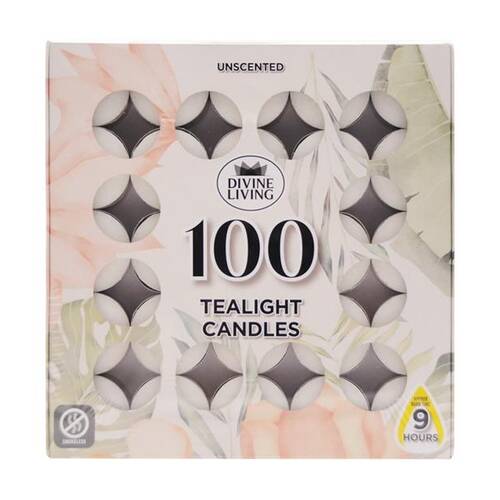 100pc Divine Living Unscented Tealights Candles 9 Hours Burn Time 18.8x18.8cm