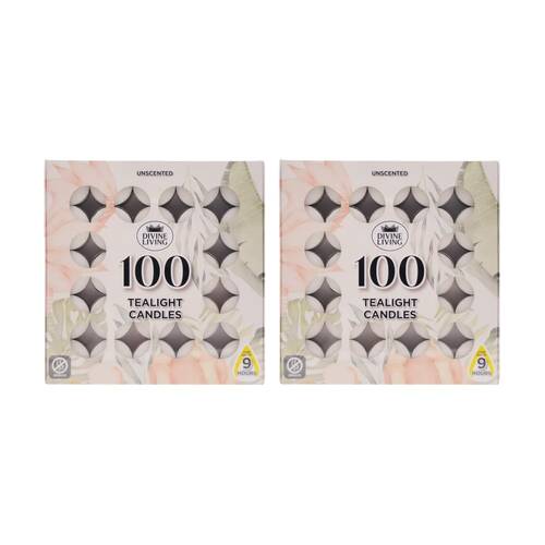 2x 100pc Divine Living Unscented Tealights Candles 9 Hours Burn Time 18.8x18.8cm