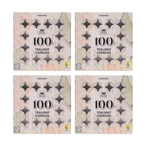 4x 100pc Divine Living Unscented Tealights Candles 9 Hours Burn Time 18.8x18.8cm