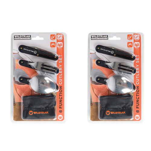 2x 3pc Wildtrak Foldable Camping Knife/Spoon/Fork Cutlery Set w/ Bag - Black