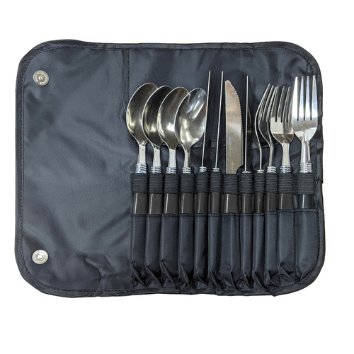 12pc Wildtrak Stainless Steel Cutlery Set w/Roll Up Travel Pouch Black