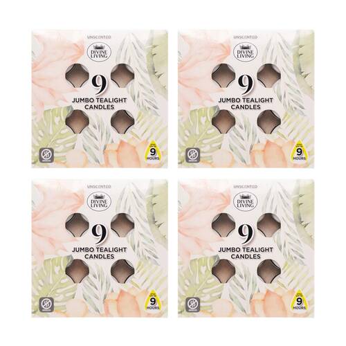 4x 9pc Divine Living Unscented Tealights Candles 9 Hours Burn Time 17.7x17.7cm