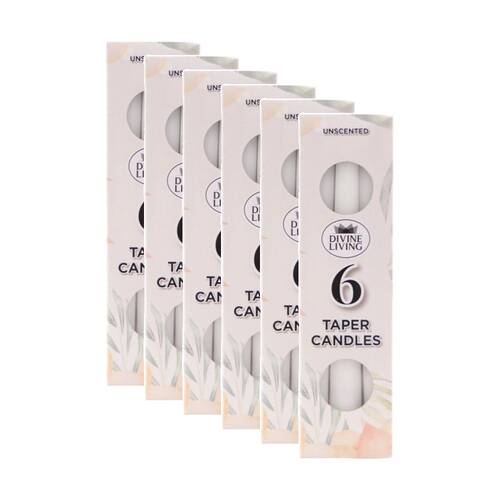 6x 4pc Divine Living Unscented Dinner Table Taper Candles 20cm White