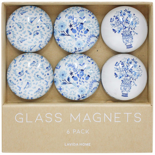 6pc LVD French Blue Glass 11.5cm Fridge Magnet Home Decor Round Set