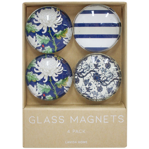 4pc LVD Navy Hamptons Large Glass 13.5cm Fridge Magnet Round Set