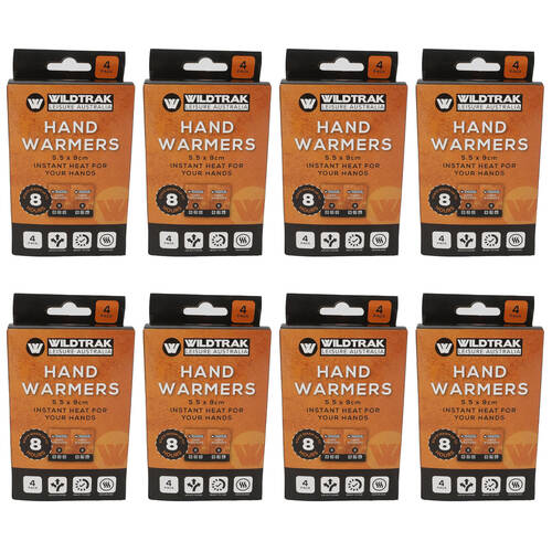 8x 4pc Wildtrak Instant Heat Hand Warmers Odourless 5.5x9cm