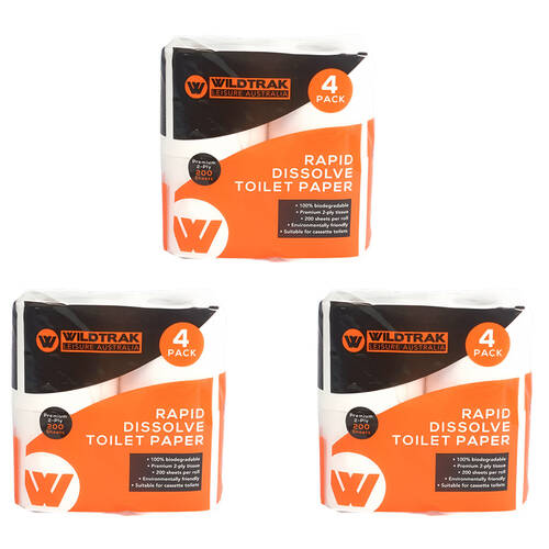 3x 4pc Wildtrak Rapid Dissolve Camping Toilet Paper Tissue Roll