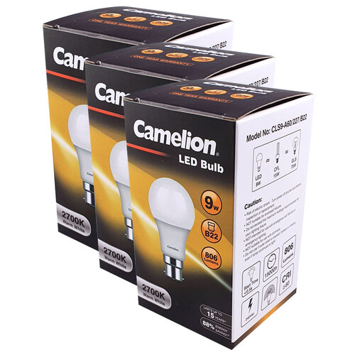 3PK Camelion Led Globe 9W 240V Bayonet - Warm 2700K