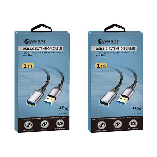 2PK Sansai Heavy-Duty USB 3.0 Extension Cable USB-A Male to Female 1m Black/Grey