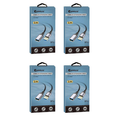 4PK Sansai Heavy-Duty USB 3.0 Extension Cable USB-A Male to Female 1m Black/Grey