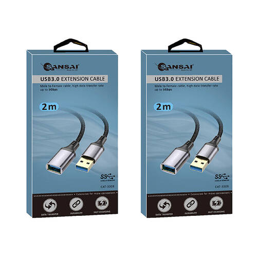 2PK Sansai Heavy-Duty USB 3.0 Extension Cable USB-A Male to Female 2m Black/Grey