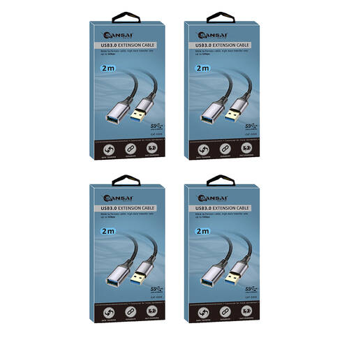 4PK Sansai Heavy-Duty USB 3.0 Extension Cable USB-A Male to Female 2m Black/Grey