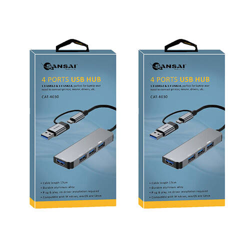 2PK Sansai 4 Port USB Hub for Laptop 1x USB-A/C to 3x USB-A 2.0/1x 3.0 Grey
