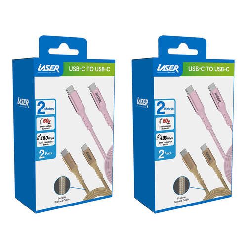 2x 2pc Laser 2m USB-C to C 60W Charging Cable for Samsung & iPhone 16 Gold/Pink